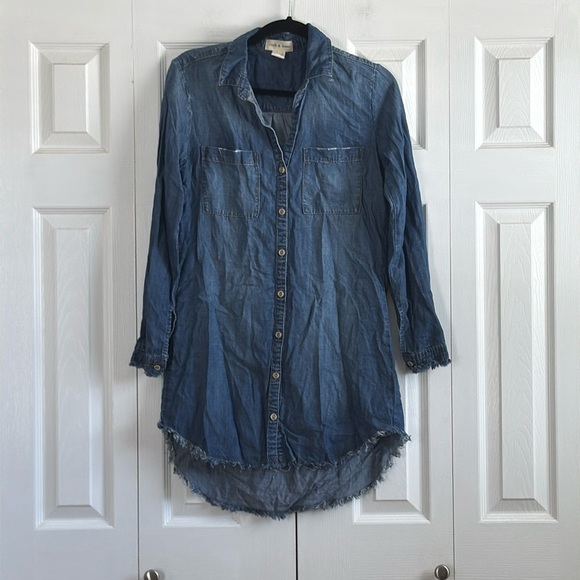 Cloth & Stone | Anthropologie | Fringed Denim Shirt Dress | size XS - Picture 1 of 5